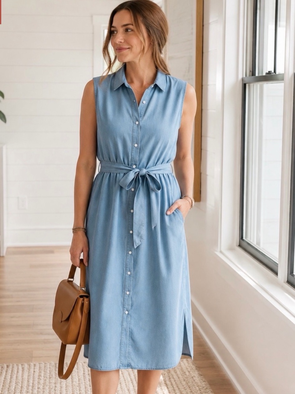 Banana Republic Tencel Chambray Shirt Dress Blue Belted Midi Petite XXS